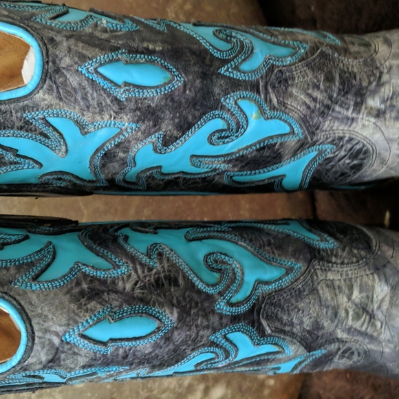 JOHNNY RINGO E1385 charcoal gray & turquoise wing tip boots square toe sz 6.5B - Picture 11 of 16